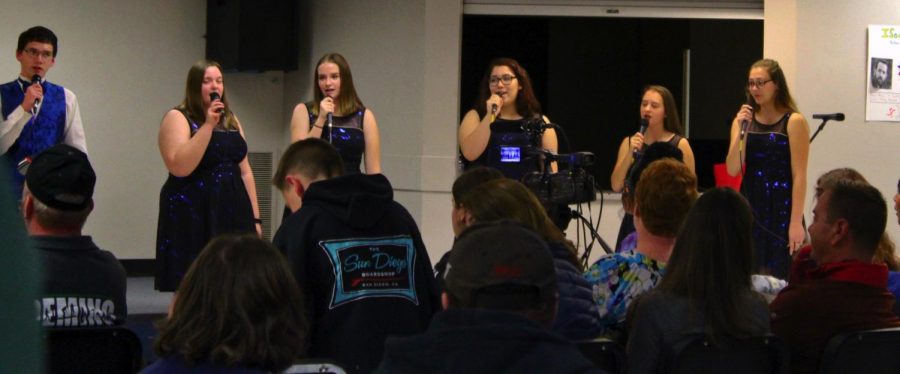 Blue Horizons Jazz Choir opens on Jazz Night. The SWHS cafeteria was packed with eager listeners