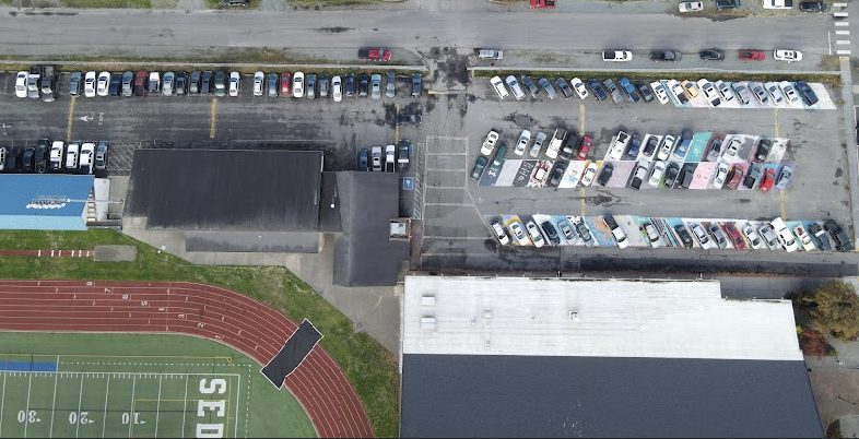 A drone shot of the SWHS parking lot 