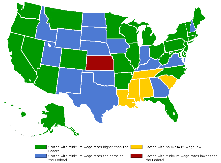 Courtesy of Wikimedia Commons.  2007 data on states status in relation to the federal minumum wage.