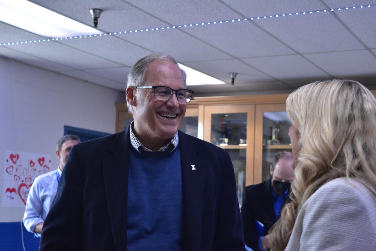 Governor Inslee arriving in the Sedro-Woolley high school foyer. Inslee made a visit to Sedro-Woolley High School on February 2 to visit his friend Rick Reed. Both Reed and Inslee were on the winning team for the state basketball championship in 1969.
