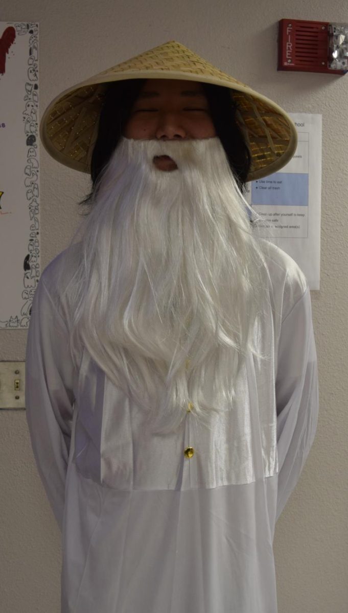 the winner of the A lunch costume contest Sophomore Joshua Peden dresses as sensei wu on Halloween, 2024. 