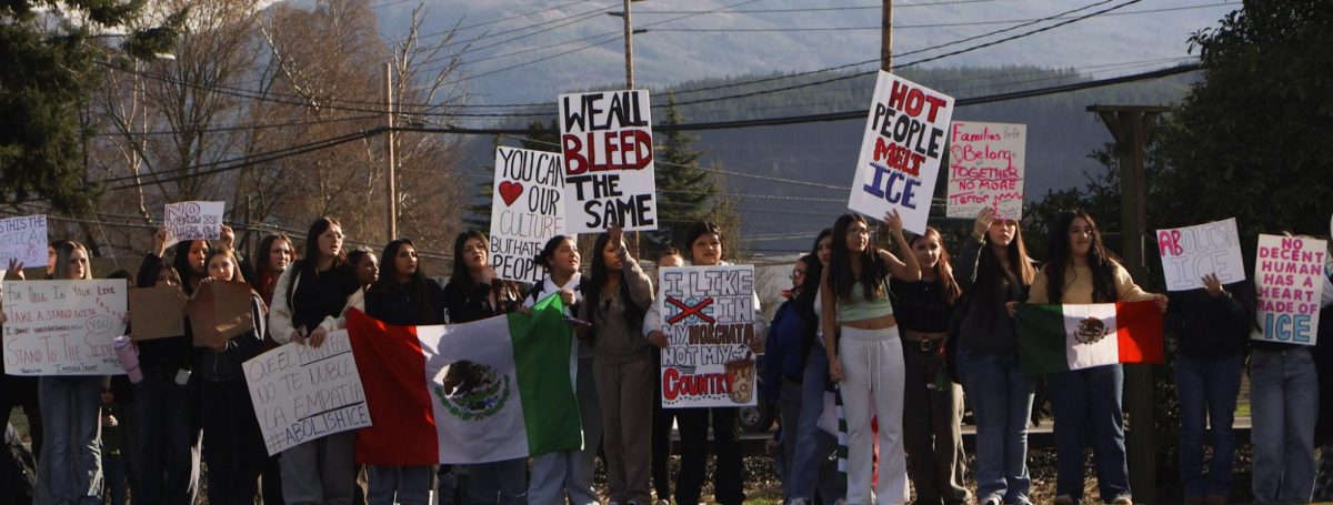 Sedro-Woolley high school Students protesting on Borseth street on February 6 Photo taken by Mariana Leverette.